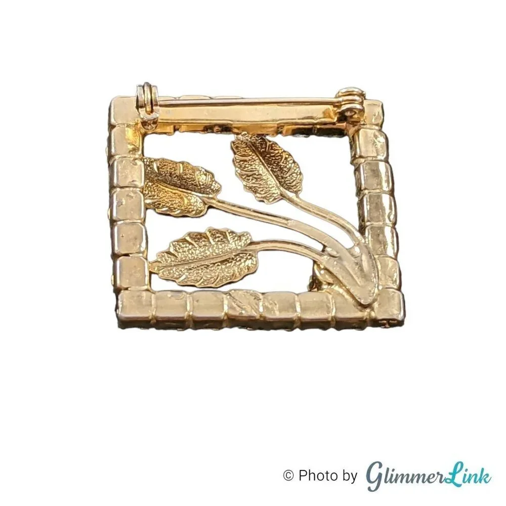 Vintage Rectangle Leaf Rhinestone Openwork Gold Tone Brooch Pin